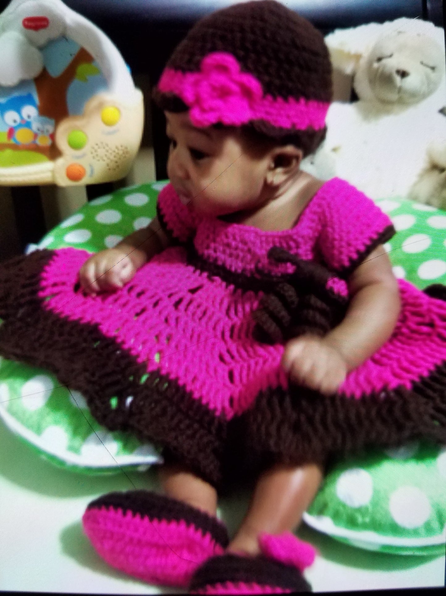 Sugar and Spice Dress With Matching Head Piece and Booties