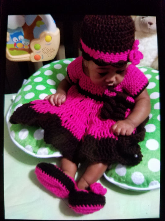 Sugar and Spice Dress With Matching Head Piece and Booties